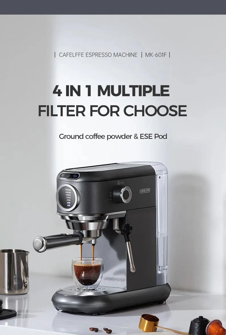 CAFELFFE Stainless Steel Espresso Machine Professional 19-bar extraction, milk steamer and 4-in-1 compatibility – café quality at home.