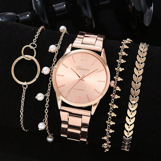 5-teiliges goldenes Luxus-Uhren- und Armbandset✨ 