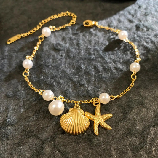 🌊 Ocean-Inspired Shell Pearl and Starfish Bracelet – 18K Gold Plated Summer Charm
