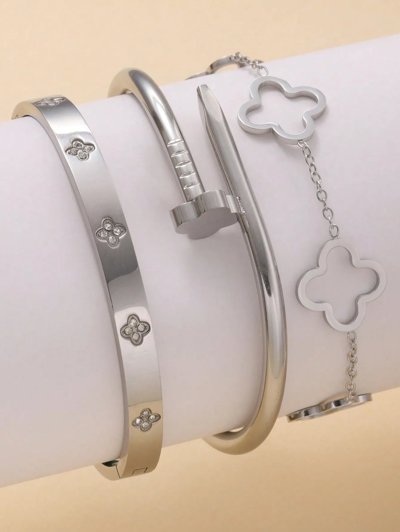 ✨ 3PCS French Lucky Clover Bracelet Set – Elegant Stainless Steel for Women