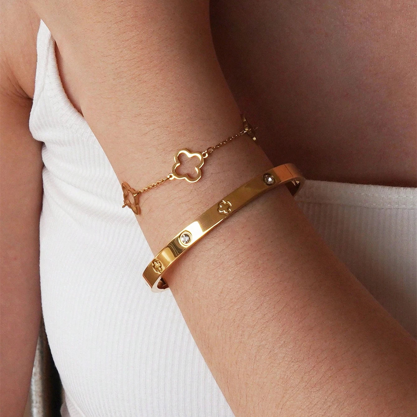 ✨ 3PCS French Lucky Clover Bracelet Set – Elegant Stainless Steel for Women