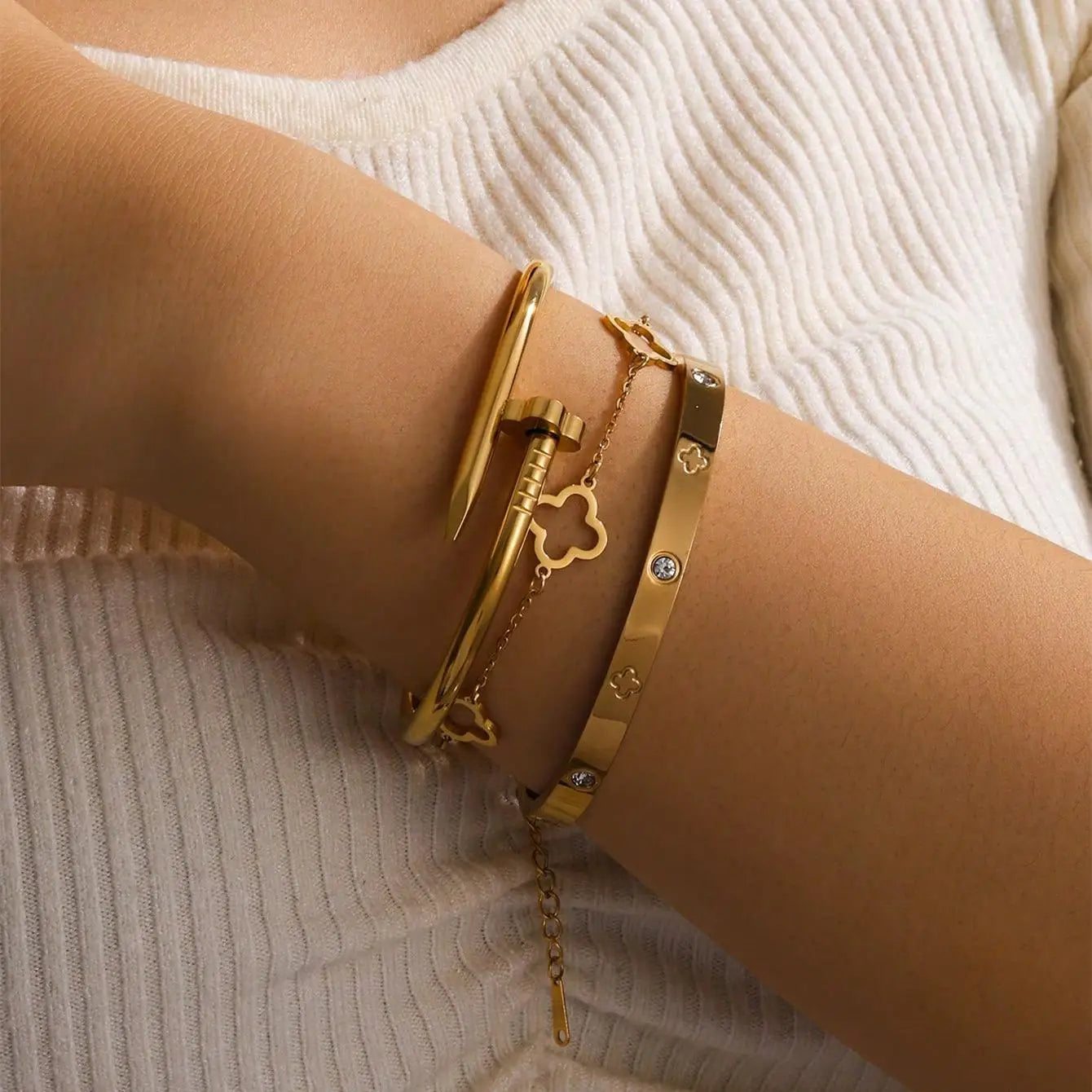 ✨ 3PCS French Lucky Clover Bracelet Set – Elegant Stainless Steel for Women
