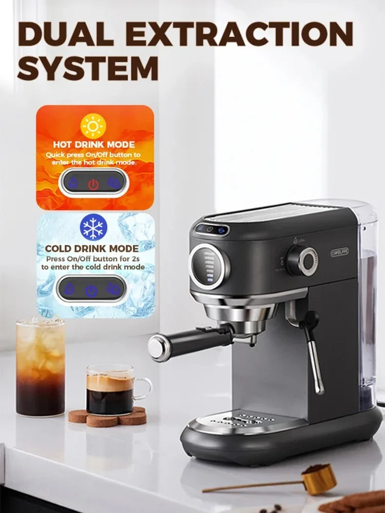 CAFELFFE Stainless Steel Espresso Machine Professional 19-bar extraction, milk steamer and 4-in-1 compatibility – café quality at home.
