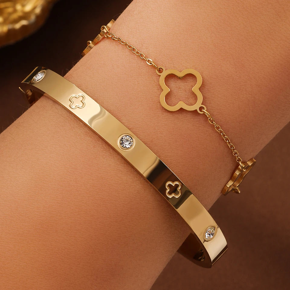 ✨ 3PCS French Lucky Clover Bracelet Set – Elegant Stainless Steel for Women