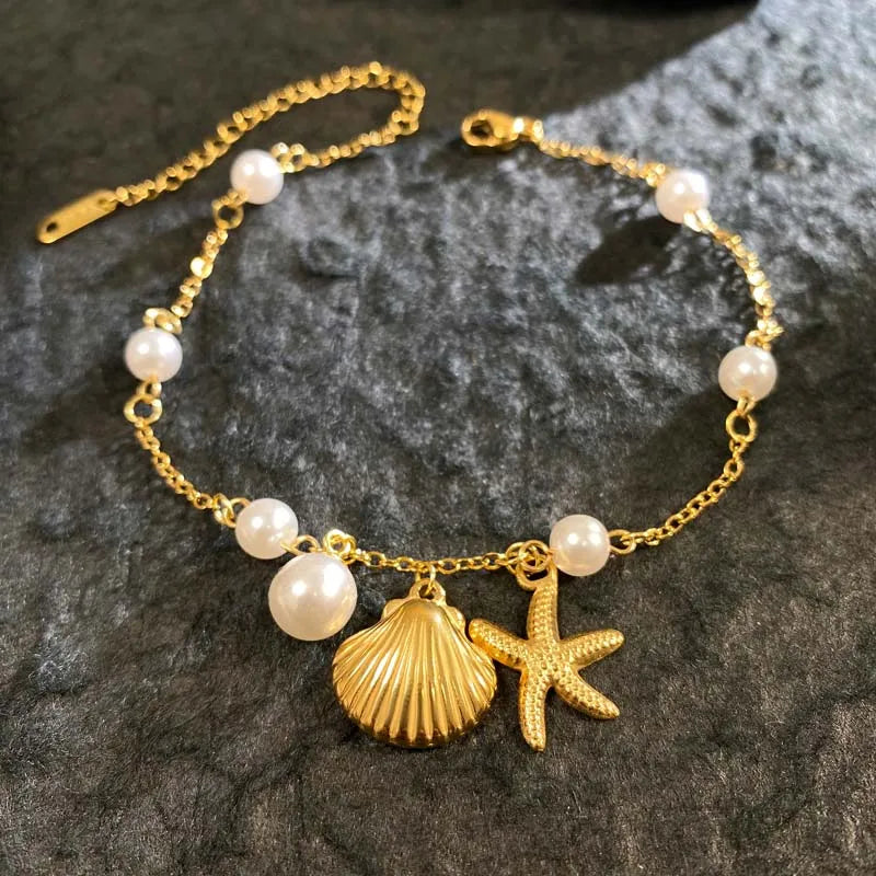 🌊 Ocean-Inspired Shell Pearl and Starfish Bracelet – 18K Gold Plated Summer Charm
