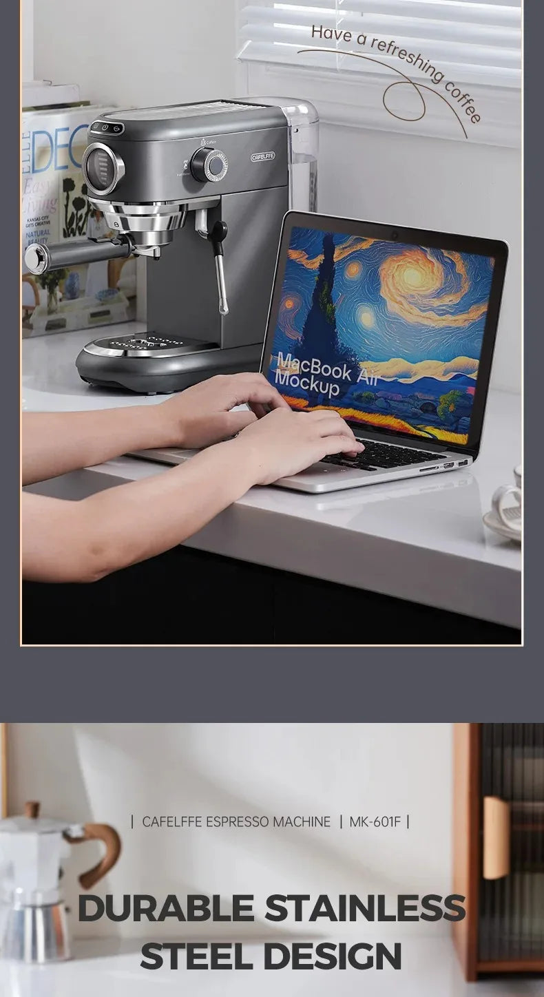 CAFELFFE Stainless Steel Espresso Machine Professional 19-bar extraction, milk steamer and 4-in-1 compatibility – café quality at home.