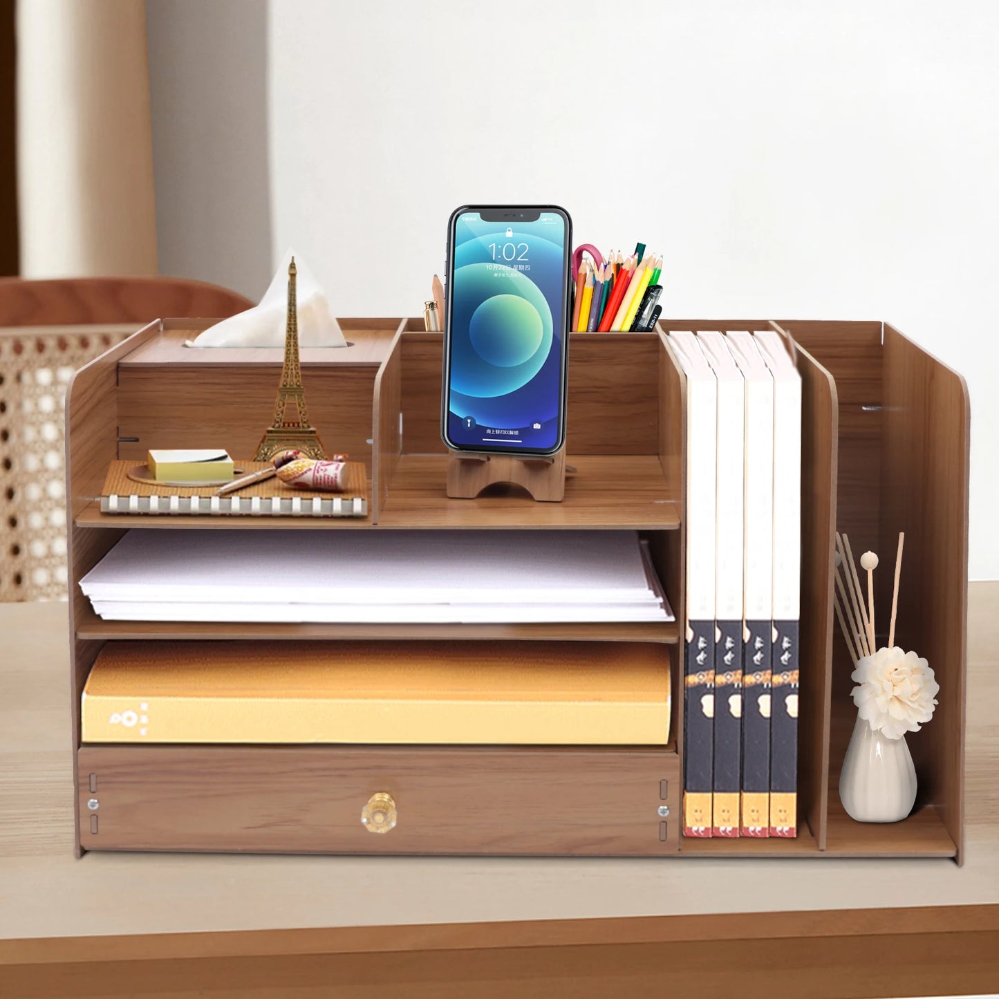 4-Tier Wooden Desk Organizer with Drawers