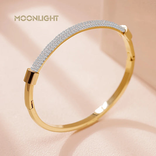 🌟 18K Gold Plated MOONLIGHT Cuff Bangle – Classic Titanium Steel Bracelet with Cubic Zirconia for Women