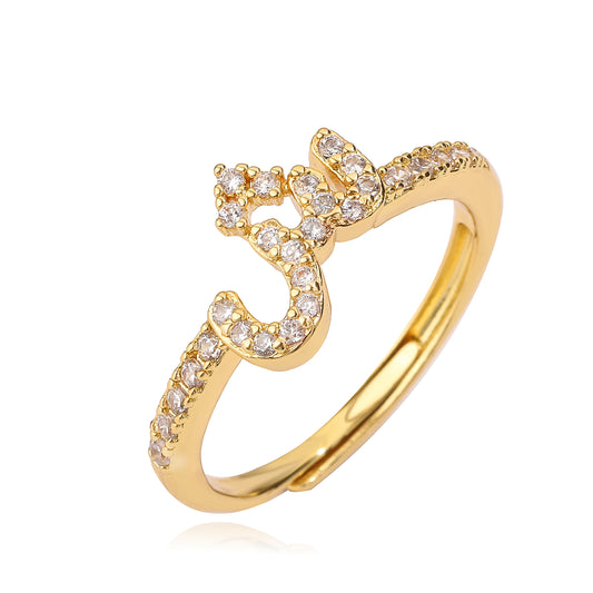 🌙 18k Gold Plated Arabic Letter Square Ring – HECHENG Women’s Fashion Ring with Zircon Inlay