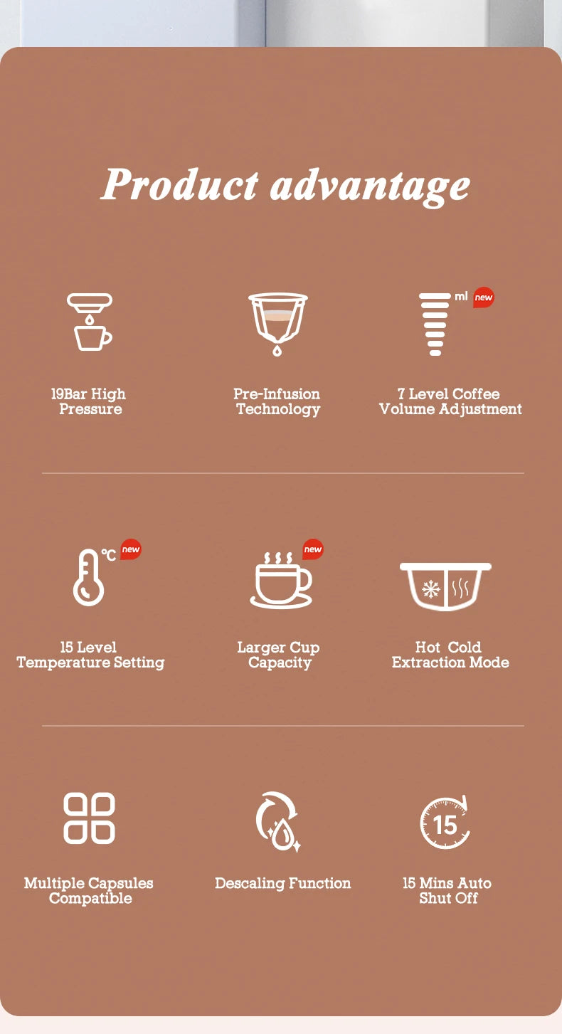 CAFELFFE Capsule Coffee Machine  4-in-1 Compatibility – Espresso, Cappuccino, Americano and more with 19-bar extraction power.