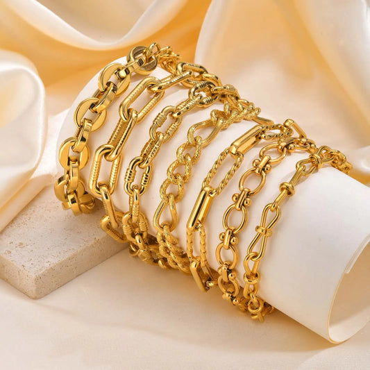 ✨ 18K Gold Plated Geometric Charm Bracelet – Stainless Steel Twist Chain for Women and Girls