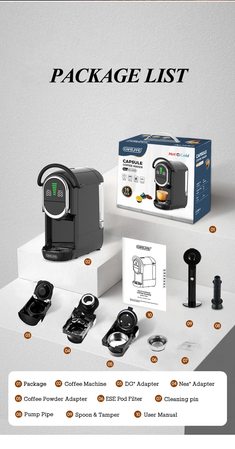 CAFELFFE Capsule Coffee Machine  4-in-1 Compatibility – Espresso, Cappuccino, Americano and more with 19-bar extraction power.