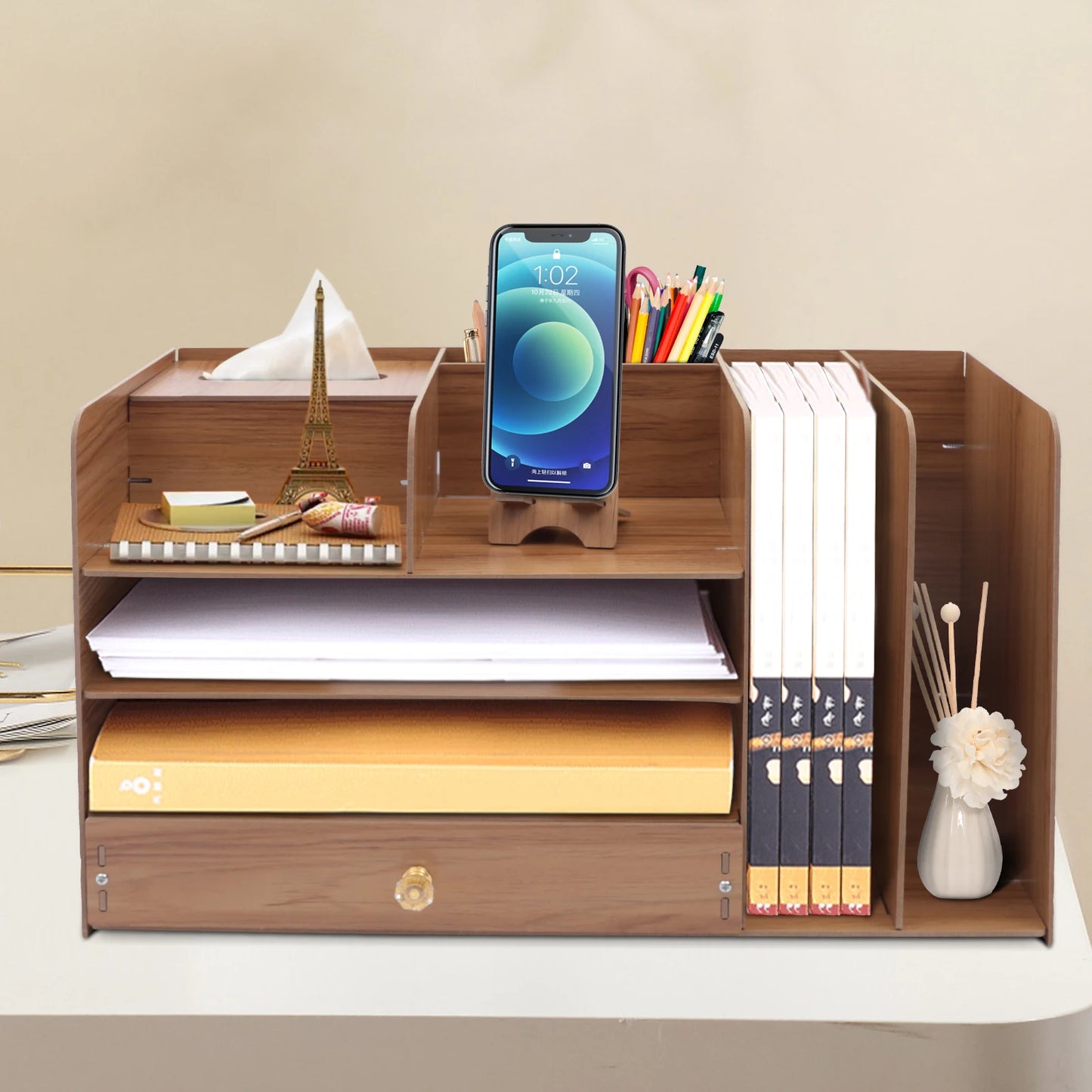 4-Tier Wooden Desk Organizer with Drawers