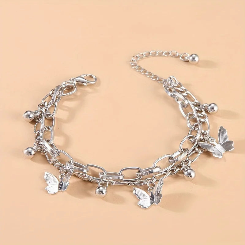 🦋18K gold-plated Nifty Double Layer Butterfly Charm Bracelet – Elegant Gold/Silver Chain for Women
