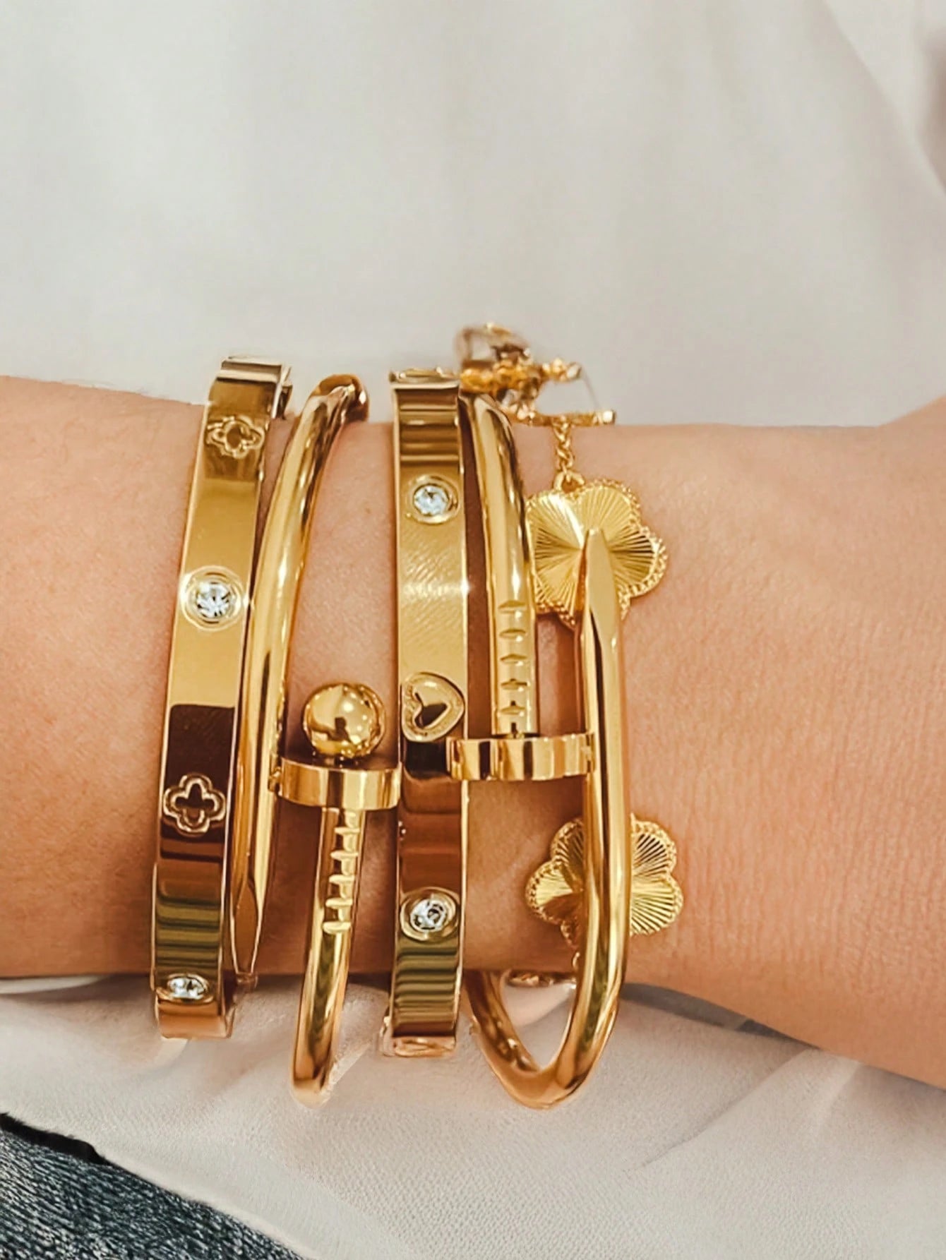 ✨ 3PCS French Lucky Clover Bracelet Set – Elegant Stainless Steel for Women