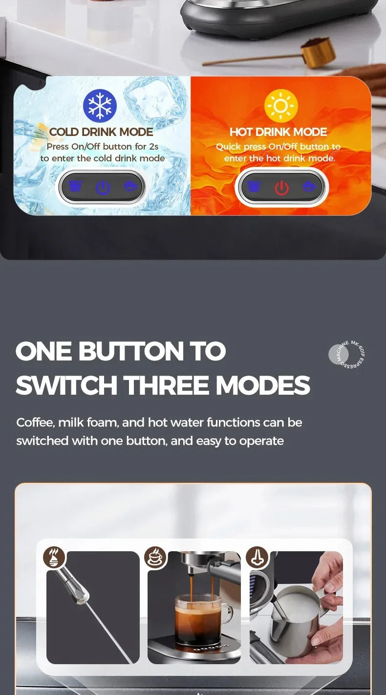 CAFELFFE Stainless Steel Espresso Machine Professional 19-bar extraction, milk steamer and 4-in-1 compatibility – café quality at home.