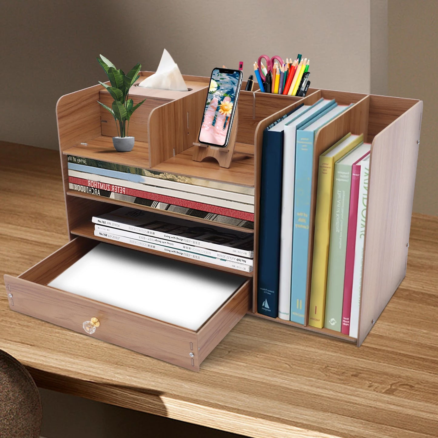 4-Tier Wooden Desk Organizer with Drawers