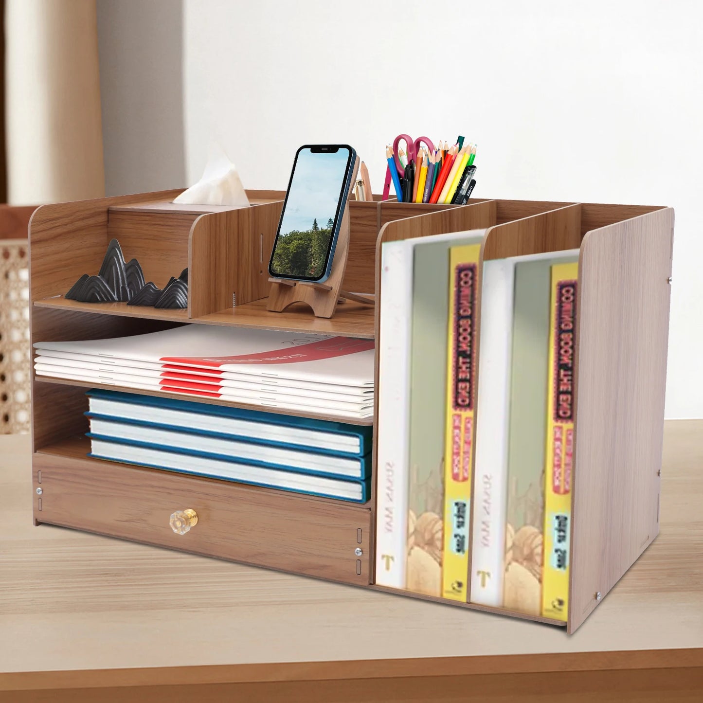4-Tier Wooden Desk Organizer with Drawers