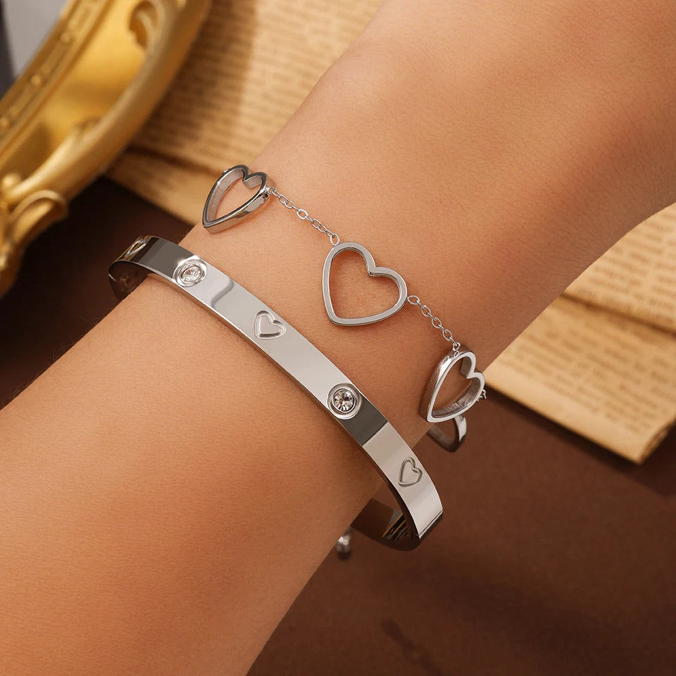 ✨ 3PCS French Lucky Clover Bracelet Set – Elegant Stainless Steel for Women