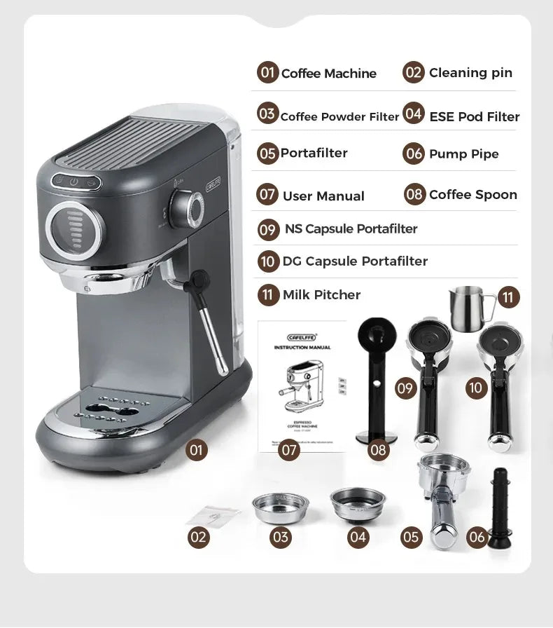 CAFELFFE Stainless Steel Espresso Machine Professional 19-bar extraction, milk steamer and 4-in-1 compatibility – café quality at home.