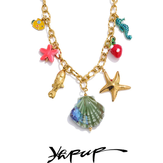 🌊 18k Gold Plated Yhpup Ocean Style Enamel Shell and Starfish Pendant Necklace – 2025 Summer Collection