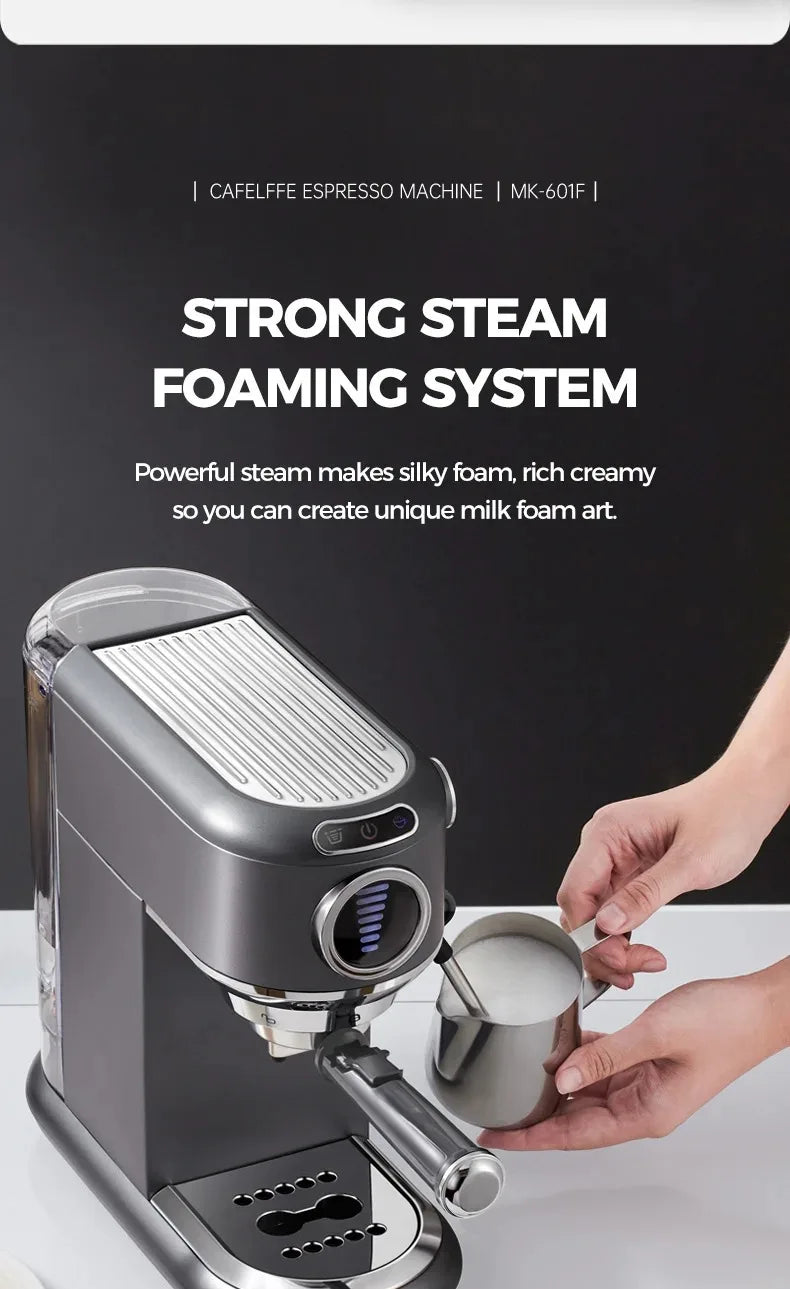 CAFELFFE Stainless Steel Espresso Machine Professional 19-bar extraction, milk steamer and 4-in-1 compatibility – café quality at home.