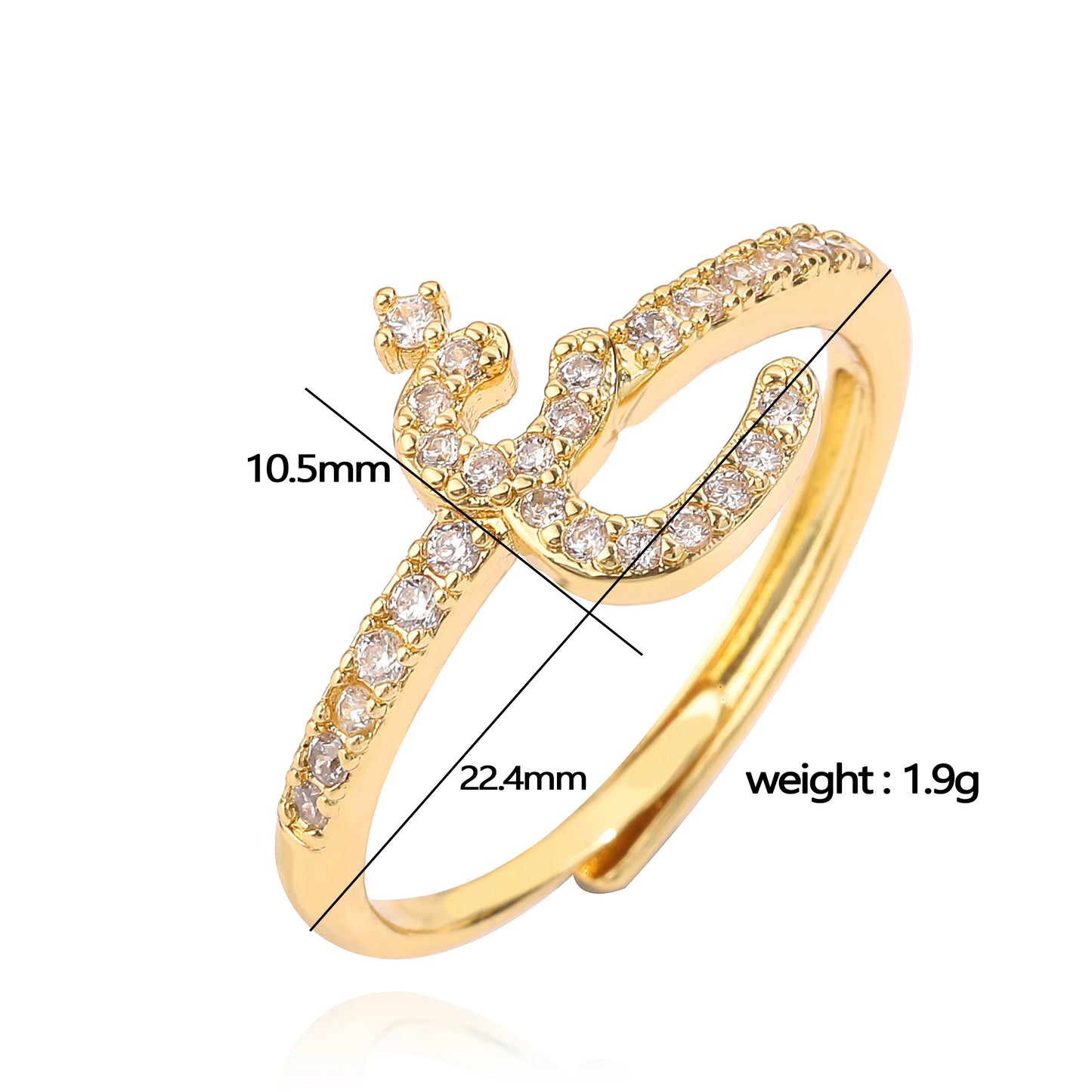 🌙 18k Gold Plated Arabic Letter Square Ring – HECHENG Women’s Fashion Ring with Zircon Inlay