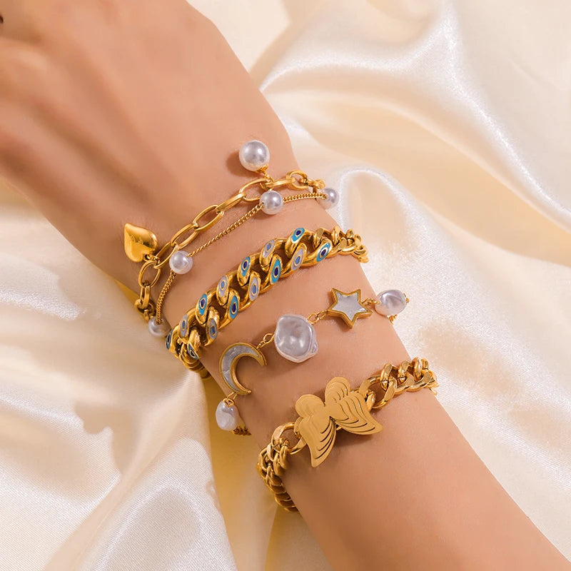 🌟 EILIECK 18K Gold Plated Pearl Roman Numeral Charm Bracelet – Elegant 316L Stainless Steel Jewelry for Women