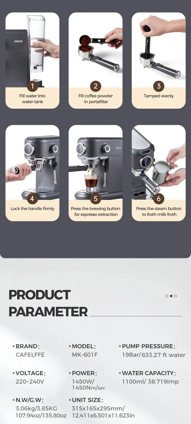 CAFELFFE Stainless Steel Espresso Machine Professional 19-bar extraction, milk steamer and 4-in-1 compatibility – café quality at home.