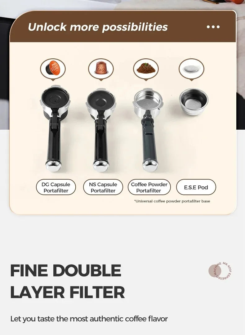 CAFELFFE Stainless Steel Espresso Machine Professional 19-bar extraction, milk steamer and 4-in-1 compatibility – café quality at home.