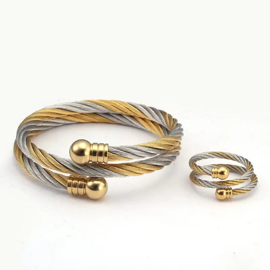 💫 Msiena Smnuer 18 Karat vergoldetes Set mit geflochtenen offenen Manschettenarmbändern – trendige Armreifen mit Charms aus Edelstahl 