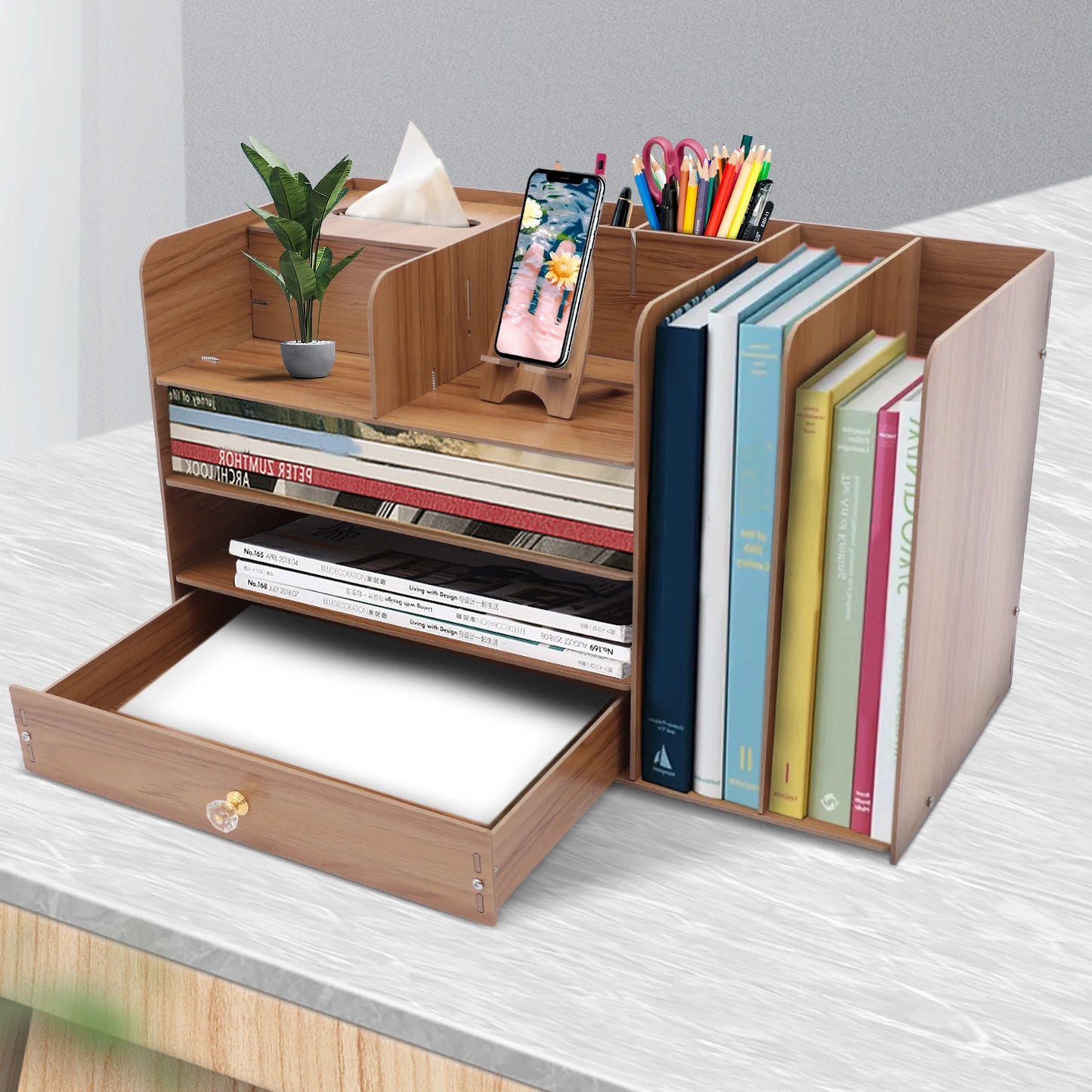 4-Tier Wooden Desk Organizer with Drawers