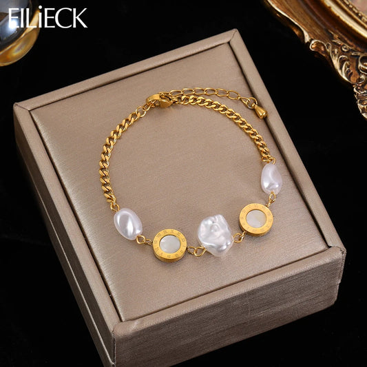 🌟 EILIECK 18K Gold Plated Pearl Roman Numeral Charm Bracelet – Elegant 316L Stainless Steel Jewelry for Women