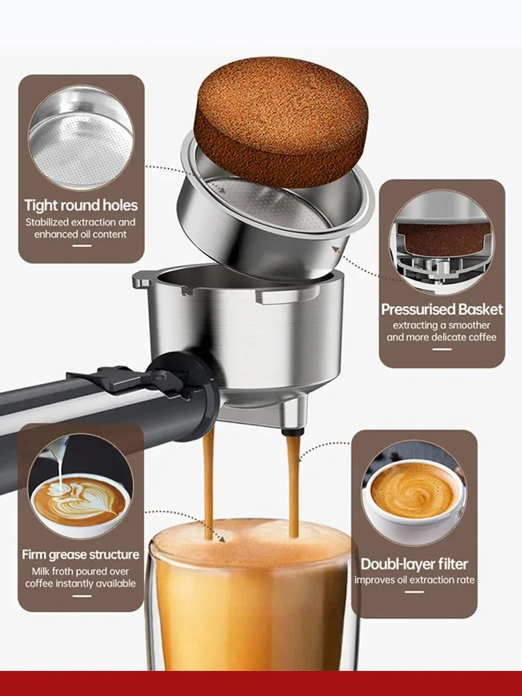 CAFELFFE Stainless Steel Espresso Machine Professional 19-bar extraction, milk steamer and 4-in-1 compatibility – café quality at home.