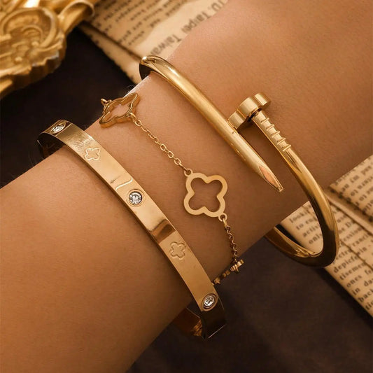 ✨ 3-teiliges französisches Glücksklee-Armband-Set – Eleganter Edelstahl für Damen 