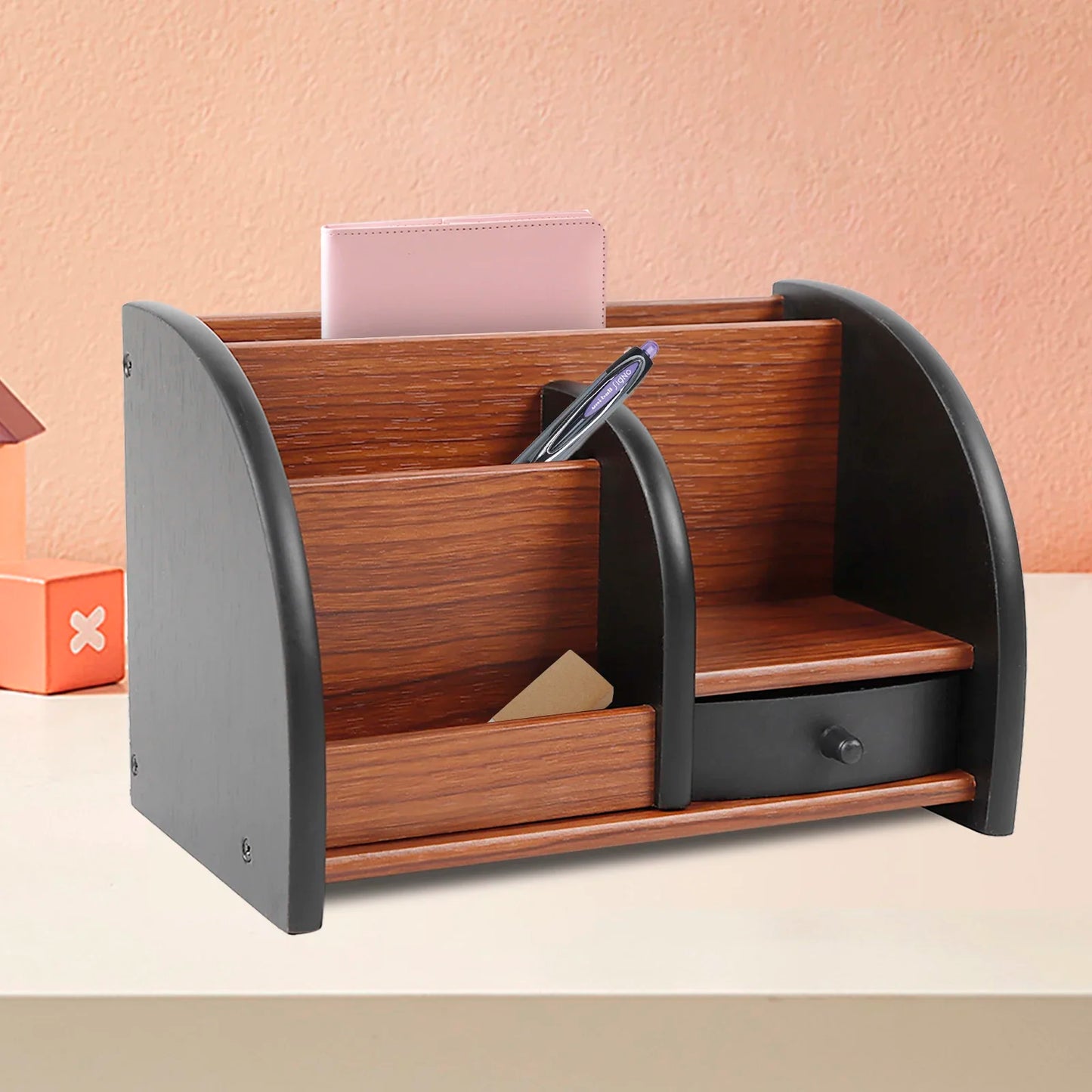 Wooden Pen Holder with Drawer