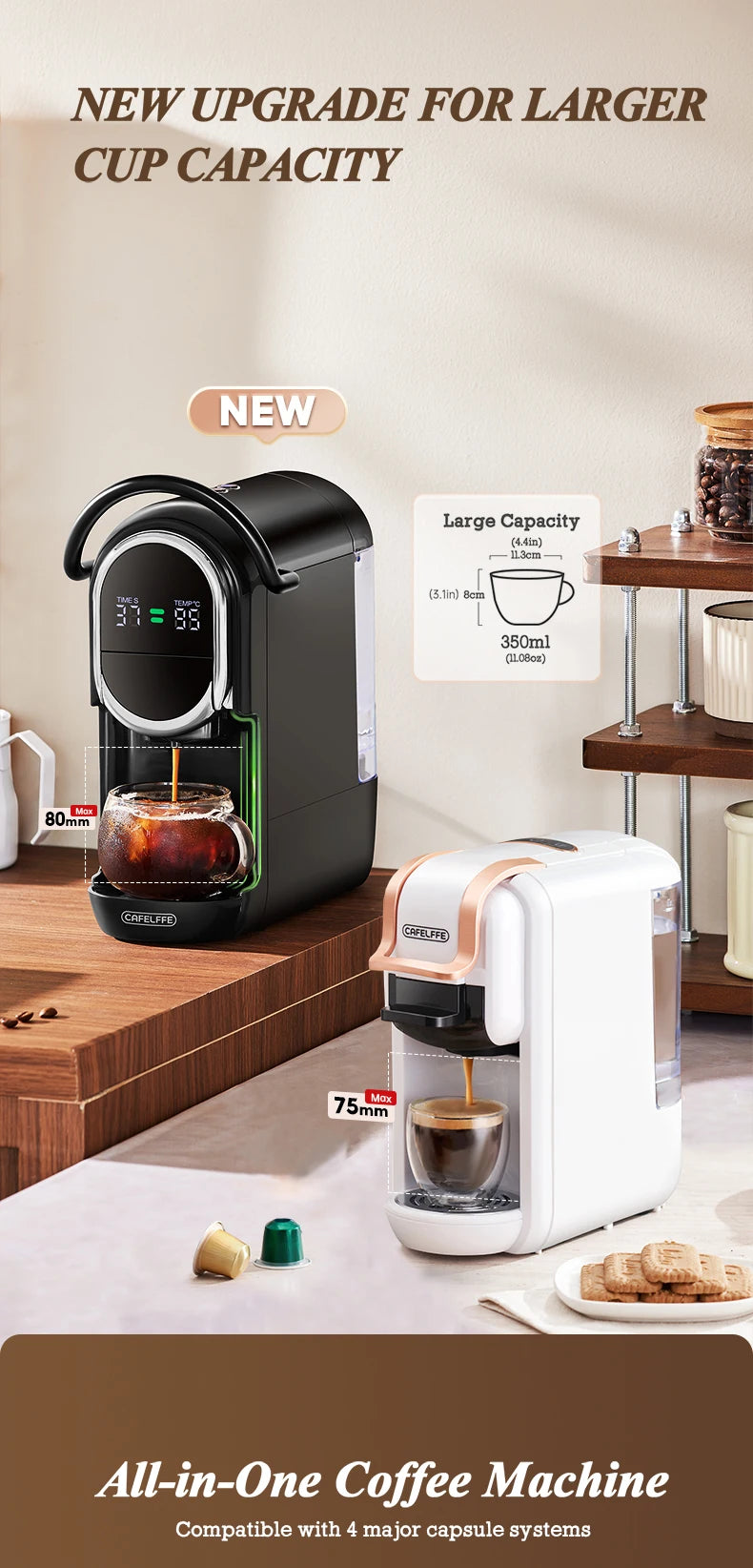 CAFELFFE Capsule Coffee Machine  4-in-1 Compatibility – Espresso, Cappuccino, Americano and more with 19-bar extraction power.