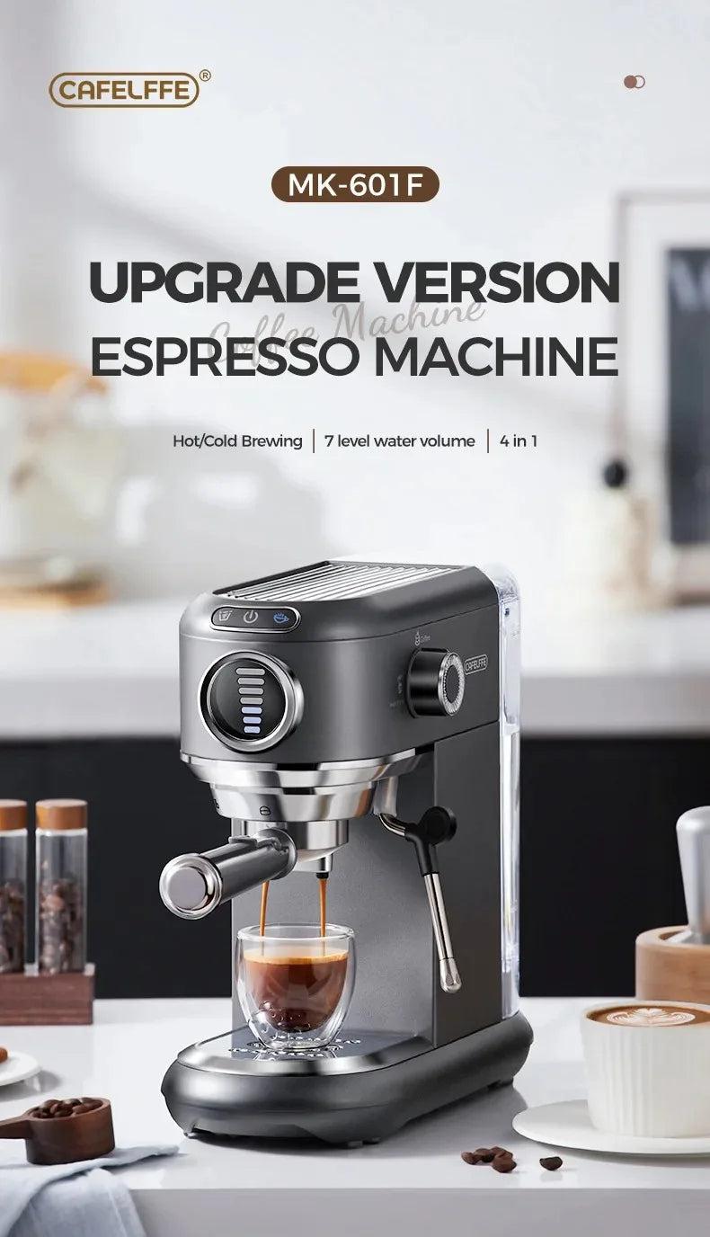 CAFELFFE Stainless Steel Espresso Machine Professional 19-bar extraction, milk steamer and 4-in-1 compatibility – café quality at home.