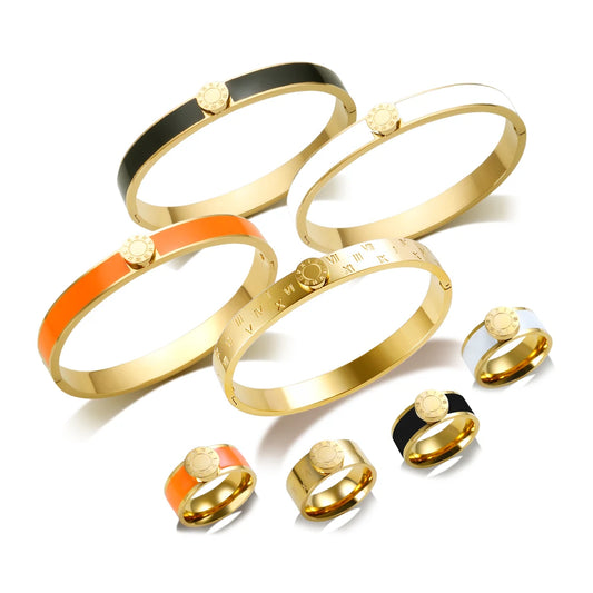 💫 JINHUI 18 Karat vergoldetes Edelstahl-Emaille-Armreif- und Ringset – Klassischer Schmuck mit römischen Ziffern 