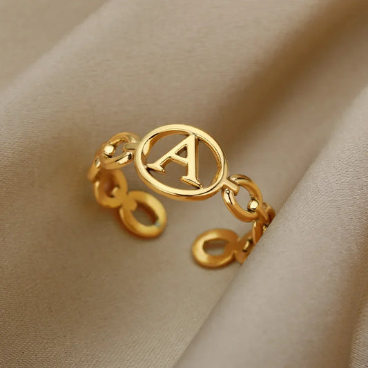 💍 18k Gold Plated Hollow A–Z Initial Rings – Open Adjustable Stainless Steel Letter Rings