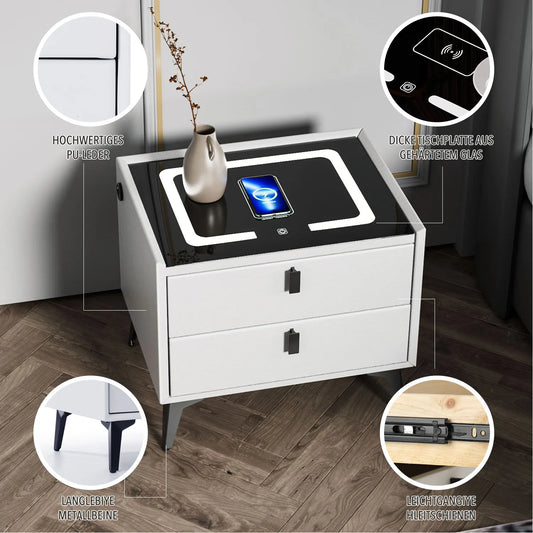 🛏️ Oyajia Smart Nachttisch mit kabellosem Laden, LED-Licht und 2 Schubladen 